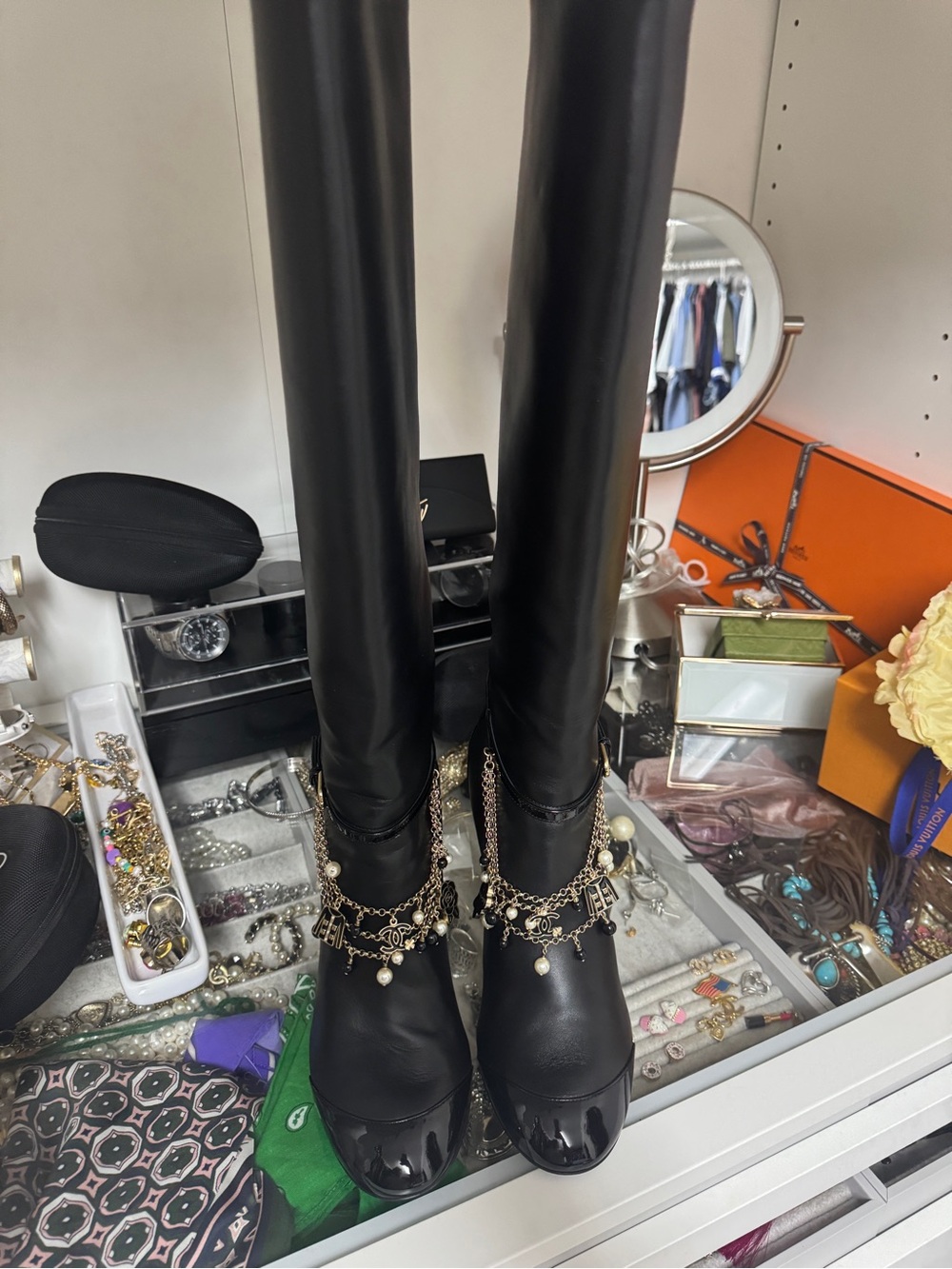 CHANEL Black High Leather Boots with Gold Chain & Pearl Charms - Picture 2 of 11